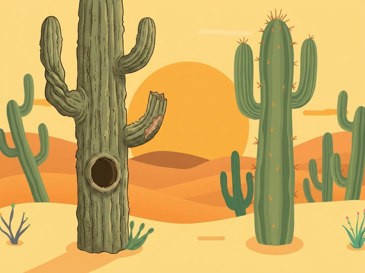Whimsical saguaro cactus desert scene at sunset